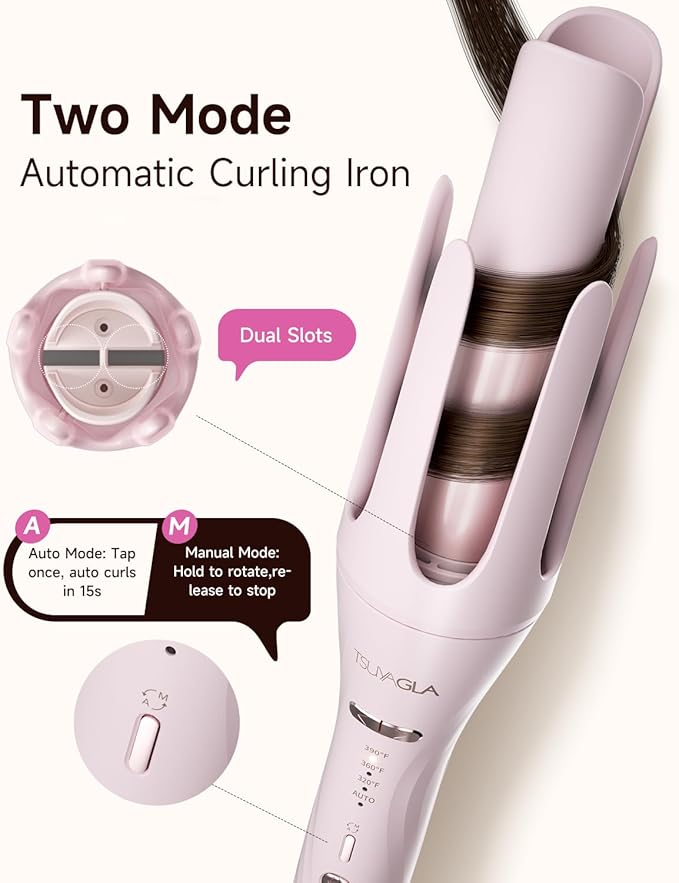 5 in 1 Auto Curling Iron Set with Interchangeable Barrels - 1", 1.25", 1.5" Curling Wand, Hair Crimper & Straightening Brush, Rotating Ceramic Curler, 3 Temp, Dual Voltage, Anti-Scald, Pink