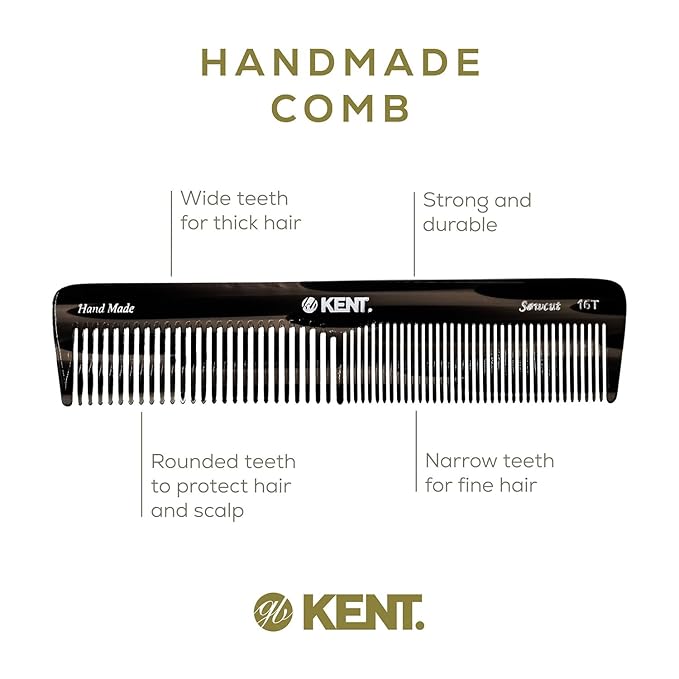 Kent 16T Black Graphite Fine and Wide Tooth for Daily Grooming, Handmade Styling Comb for All Hair Types, Wet or Dry Hair Detangling Comb for Men and Women, Saw Cut Hand Polished, Made in England