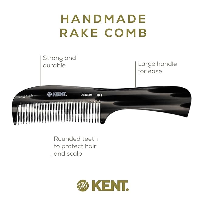 Kent 10T Black Graphite Large Detangler Comb, Wide Tooth Comb for Wet and Dry Curly Hair, Rake Combs for Women With Thick Hair, Saw-Cut and Hand Polished, Handmade in England