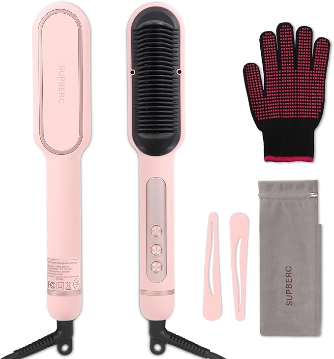 Negative Ionic Hair Straightener Brush with 9 Temp Settings, 30s Fast Heating Hair Straightening Comb with LED Display, Anti-Scald & Auto-Shut Off Hair Brush Straightener for Women (Pink)