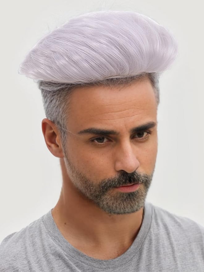 H&Bwig Men Short Toppers Hairpiece Clip in Hair Extensions for Covering White Loss Hair Toupee (silver)