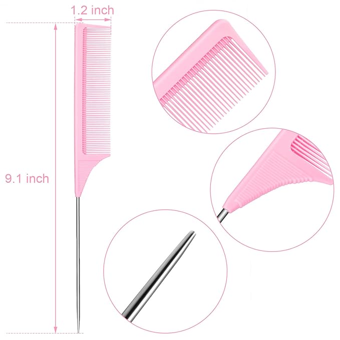 3 Packs 9 Inch Rat Tail Comb Carbon Fiber Heat Resistant Teasing Comb with Metal Pick Styling Parting Lightweight Sectioning Fine Tooth Combs for Women Girls