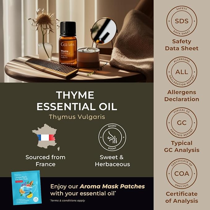 Gya Labs Thyme Essential Oil - 0.34 Fl Oz - for Hair, Skin, Diffuser, Aromatherapy & DIY Candle Making Scent