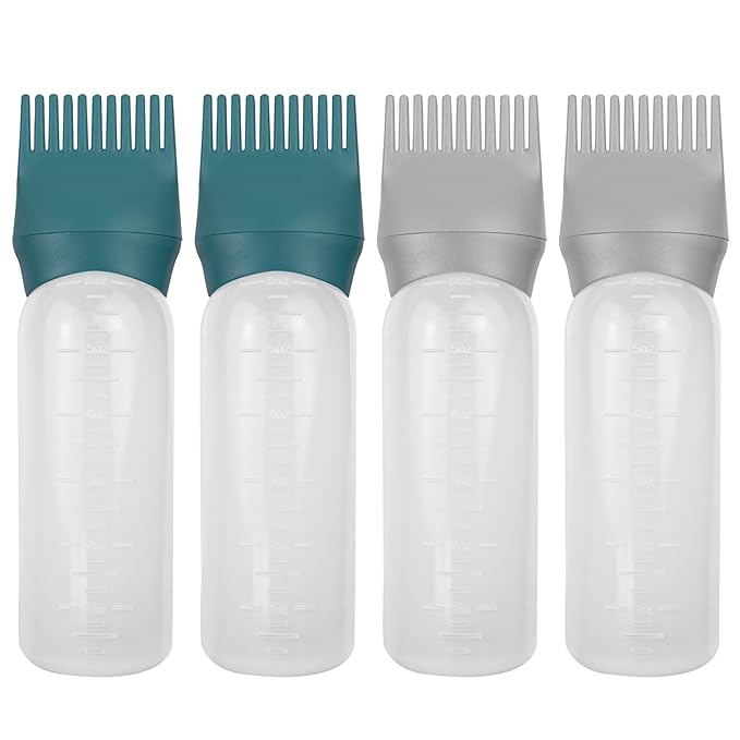 4 Pack Root Comb Applicator Bottle, Hair Oil Comb Applicator for Hair Dye, Shampoos, Salons (Grey+Green)