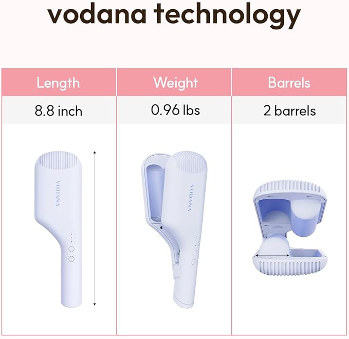 VODANA Compact Triple Flow Hair Waver - Portable Ceramic Curling Iron, Long-Lasting Beach Waves, Fast Heat-Up Double Barrel (1.25 inch, Powder Blue)