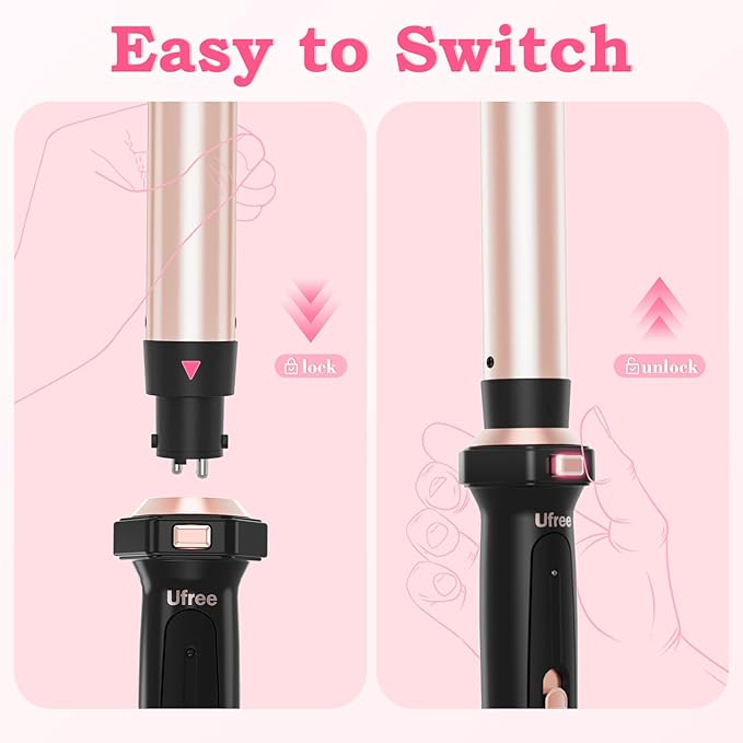 Ufree 5 in 1 Curling Iron with Interchangeable Ceramic Barrels (0.35"-1.25"), Curling Wand Set with Flat Iron Hair Straightener, Instant Heat Up, Dual Voltage Hair Curler, Gifts for Women