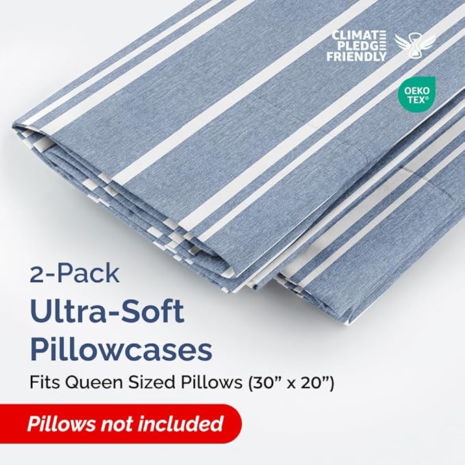 Queen Pillow Cases Set of 2 - Ultra Soft Hotel Quality Pillowcase Covers - Comfy, Cozy & Wrinkle Free - Shrinkage and Fade Resistant - Machine Washable Pillow Protectors - 2 Piece Set - Blue Stripes 3