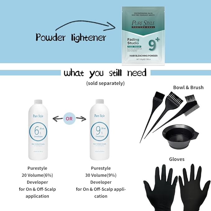 PURESTYLE Professional Ammonia-Free Hair Bleach Powder Packets 50g, Over 9 Levels Blue Fade Technology, Dust-Free & Fragrance Formula Fading Powder, Gentle Quick Bleach Lightener for Dark Hair