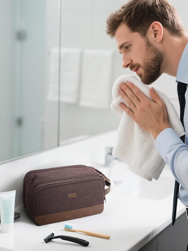 WANDF Toiletry Bag for Men Travel Toiletry Organizer Canvas and Leather Dopp Kit Water-Resistant Shaving Bag for Travel Accessories (Brown, Large)