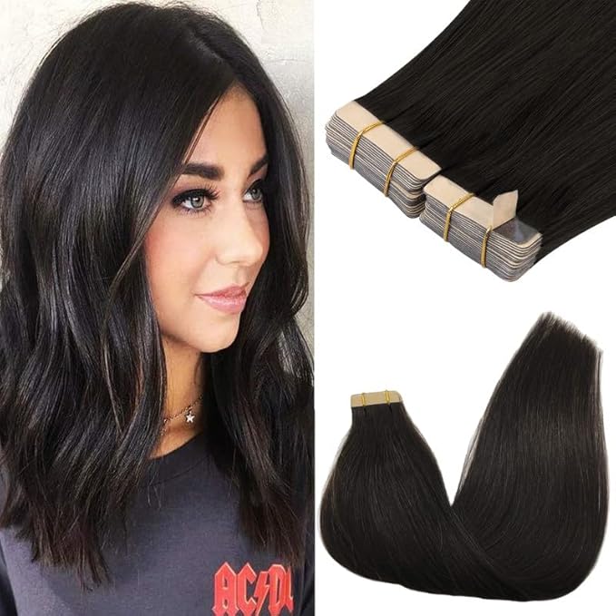 GOO GOO Tape in Hair Extensions Human Hair, 1B Natural black, 20inch 100g 40pcs, Skin Weft Seamless Invisible, Silky Straight with Thick Ends, Remy Human Hair
