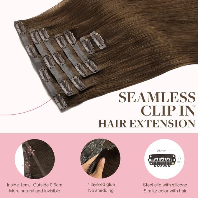 GOO GOO Clip in Hair Extensions Real Human Hair, Remy Human Hair Extensions Clip ins for Women, Natural Human Hair, 20inch 110g 7Pcs, 4A Chocolate Brown