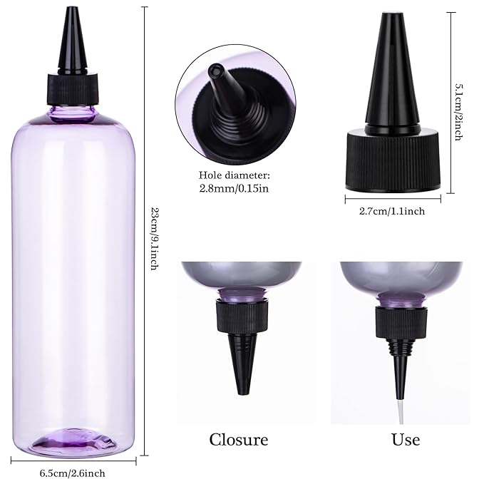 Applicator Bottle for Hair, 16.9 ounce Hair Color Applicator Bottle 2 Pack Squeeze Bottle Transparent Oil Bottles for Hair, PET Plastic Refillable Bottles with Twist Top Cap,Clear Purple