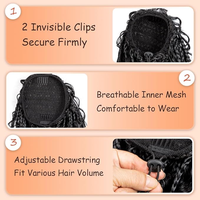 Drawstring Ponytail for Women 24 inch Boho Box Braids with Long Wavy Hair Ponytail Extension Natural Black Synthetic Hair Extensions Ponytail for Daily Use (1B#, 24 Inch)