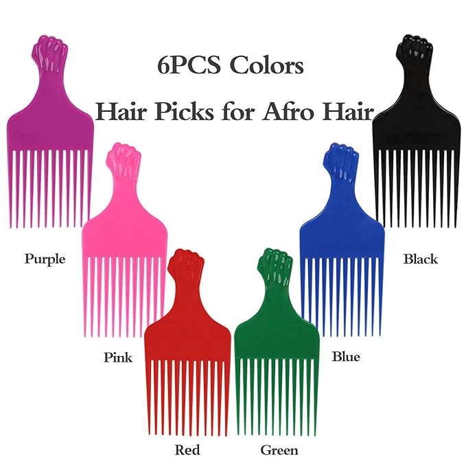 Fist Picks for Curly and Afro Hair, Plastic 6.5 inch Lift Picks for Women and Men, Rainbow Set (6 PCS)