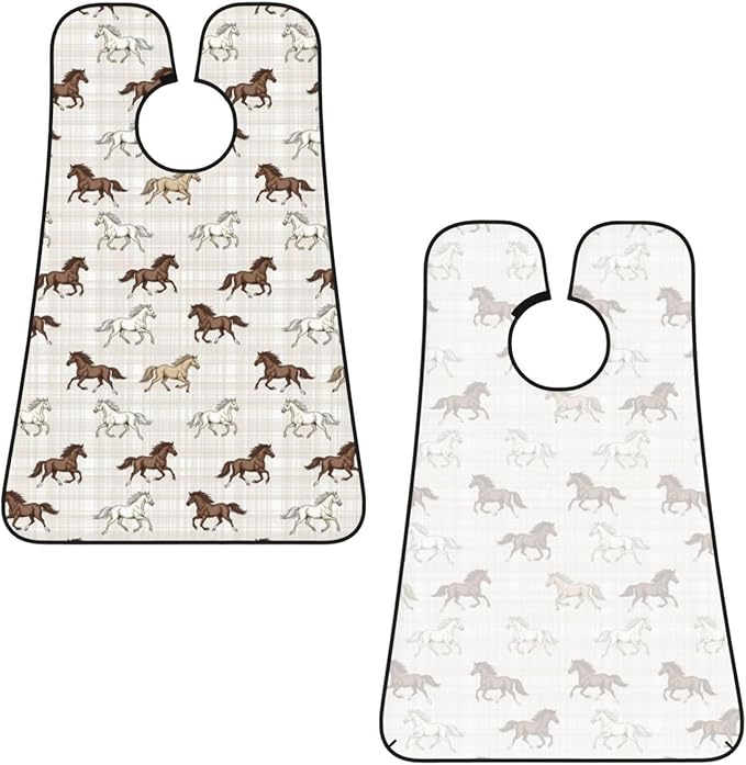 Stretchable Beard Cape, Non-Stick Hair Catcher for Trimming, Waterproof Grooming Apron, Running Beautiful Horses Checkered Pink Plaid