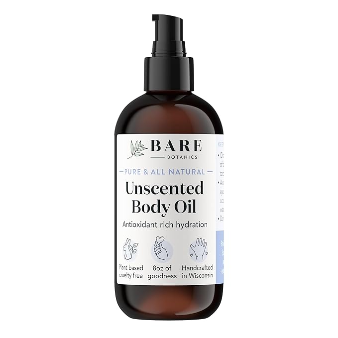 BARE BOTANICS 8 oz Moisturizing Unscented Body Oil - 100% Pure & Natural for Skin & Nails - Perfect for Moisturization - Vegan, Cruelty Free & Naturally Scented Hair Oil
