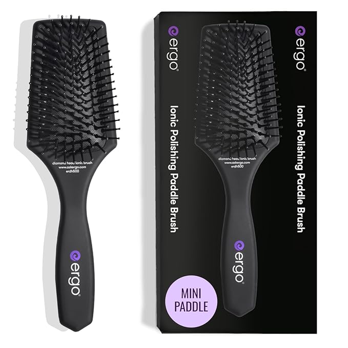 ERGO Mini Ionic Polishing Paddle Brush - Small Detangling Hair Brush for Wet & Dry Use - Professional Hair Care Styling Tool (ER500)