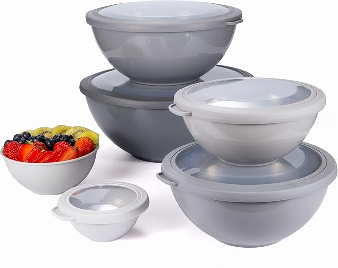 COOK WITH COLOR Mixing Bowls Set with TPR Lids - 12 Piece Plastic Nesting Bowls Set includes 6 Prep Bowls and 6 Lids, Microwave Safe (Grey)