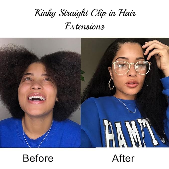 Kinky Straight Clip in Hair Extensions Real Human Hair Natural Black Double Weft Clip ins for Women 16 Inch 120g 8pcs Seamless Kinky Straight Clip on Extensions Human Hair