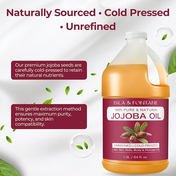 ISLA & FONTANE Jojoba Oil – 64 fl oz | 100% Pure & Natural | Golden, Unrefined, Cold Pressed | Hexane-Free Carrier Oil for Skin, Hair, Face, Nails & Body Moisturizing