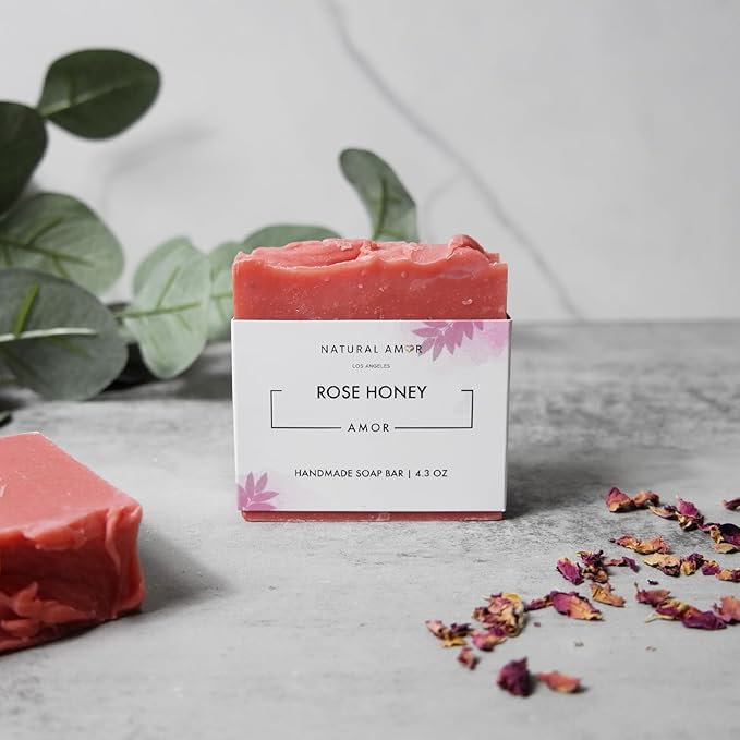 Natural Amor Spa Gifts for Women,Luxurious Rose Scent Bath gift for her, 6pc Bath & Body gift including Soap Bar, Bath Bomb, Bath Salt