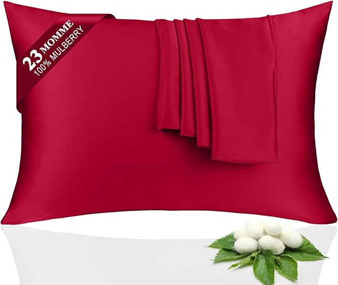 100% Silk Pillowcase 2 Pack for Hair and Skin, Both Sides 23 Momme Grade 6A+ Mulberry Silk Pillowcases with Hidden Zipper, Soft&Smooth Cooling Pillow Cases (Red, Standard 20×26)
