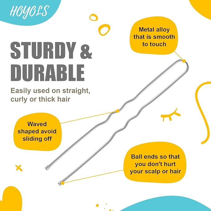 Hoyols U Shaped Hair Pins, Assorted Size Hair Bobby Pins, Metal Curved Curly Bun Clips Crimped Design with Ball Tips for Women Girls Grips Hairstyle, 150 Count Bulk Pack (Silver)