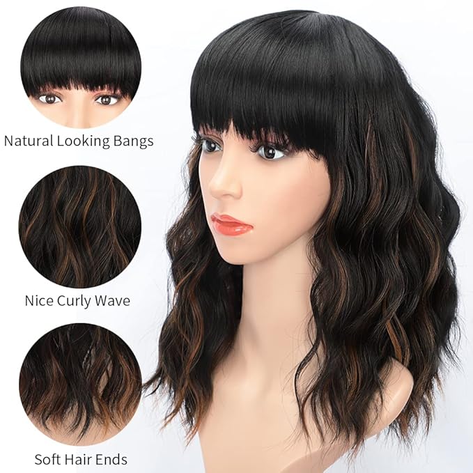 AISI HAIR Wavy Bob Wigs with Bangs for Women Black Mixed Brown Color Short Wavy Bob Curly Wig Synthetic Natural Looking Heat Resistant Fiber Hair for Women
