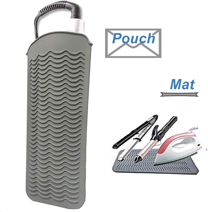Heat Resistant Silicone Mat Pouch,Hair Styling Tools for Curling Irons, Flat Irons, Hair Straightener， 11.5 * 6 Inches, Food Grade Silicone, Grey