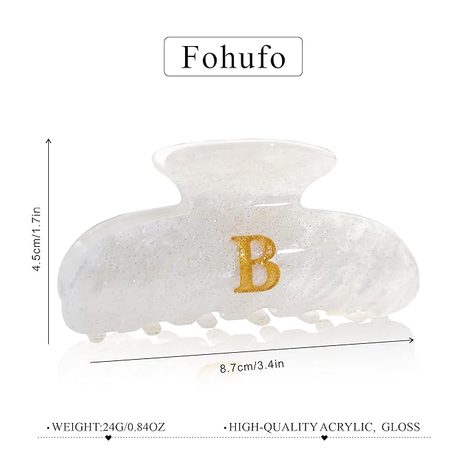 Acrylic Letter Hair Clips for Women -White Monogram Hair Claw Alphabet Large Hair Clip, Fashion Glitter Claw Clips Elegant And Durable Hair Accessory, Letter B