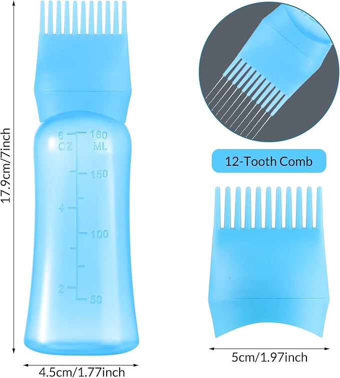 Root Comb Applicator Bottle 6 OZ, Hair Oil Applicator Bottles for Scalp with Massage Comb, 2 Pack Hair Dye Applicator with Graduated Scale (Purple, Blue)