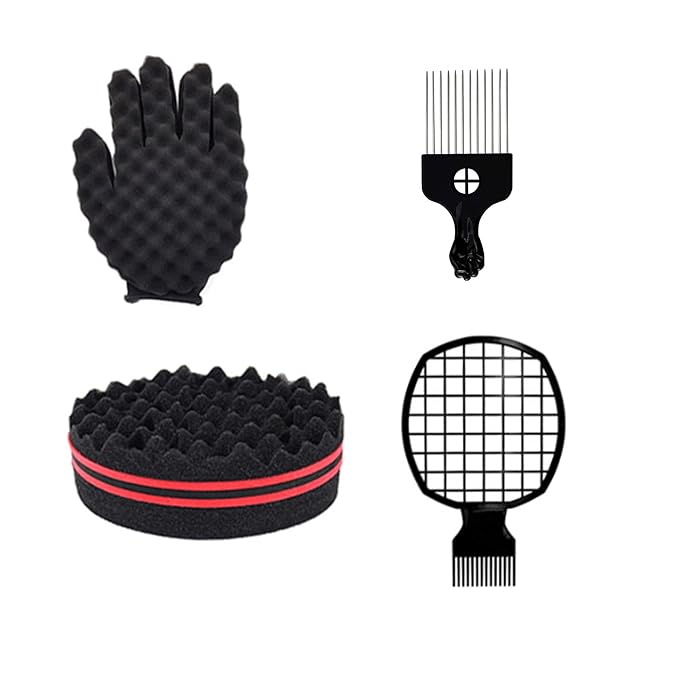 Magic Curl Sponge Set for Barber Hair Styling: Afro Twist Hair Brush, Metal Pick Comb, and Styling Combs (Black-A)
