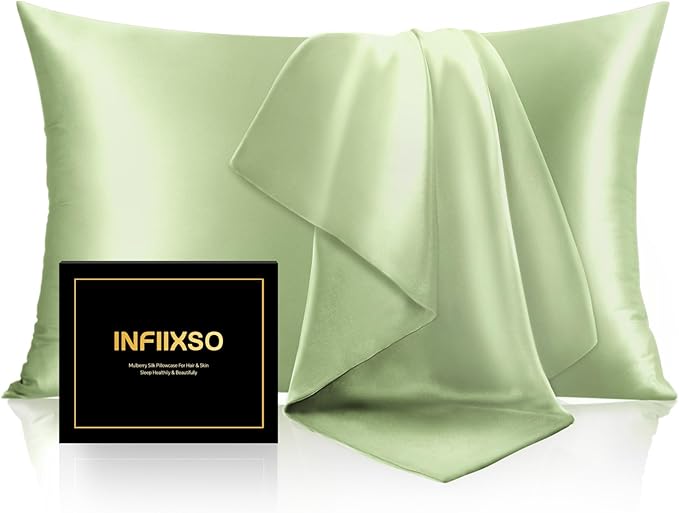 INFIIXSO Mulberry Silk Pillowcase for Hair and Skin, Silk Pillow Cases Queen Size with Hidden Zipper 20"x30", Extraordinary Smooth and Soft Cooling Pillow Cases for Hot Sleepers(Sage Green, 1 Pack)