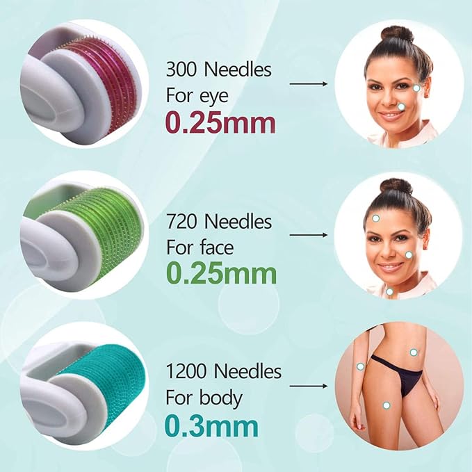 Derma Roller for Face and Body - Angel Kiss 4 in 1 Titanium Microneedling Roller Kit Micro Needle Microneedle Roller, 300 and 720 Needles 0.25mm,1200 Needle 0.3mm, Microdermabrasion Roller Men Women