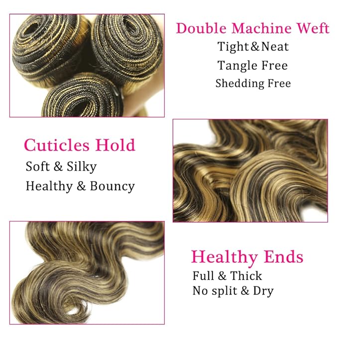 Blonde Human Hair Bundles Highlight Body Wave Bundle 26 26 26 Inch Niegmeag Virgin Remy P1B/27 Bundle Double Weft 2 Tone Black and Blonde Bundles