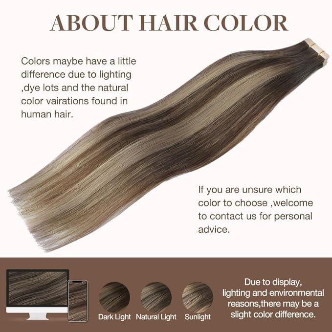 GOO GOO Tape in Hair Extensions Human Hair, 4/26/4 Balayage Chocolate Brown to Honey Blonde, 14inch 100g 40pcs, Skin Weft Seamless Invisible, Silky Straight with Thick Ends, Remy Human Hair