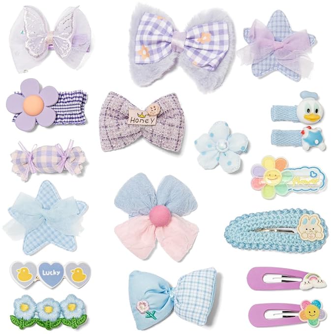 Hair Clips for Girls 18 Pcs No Slip Assorted Barrettes for Kids Bows Blue Purple Cute Hair Accessories for Little Girls Teens Toddlers Child Kids Gifts