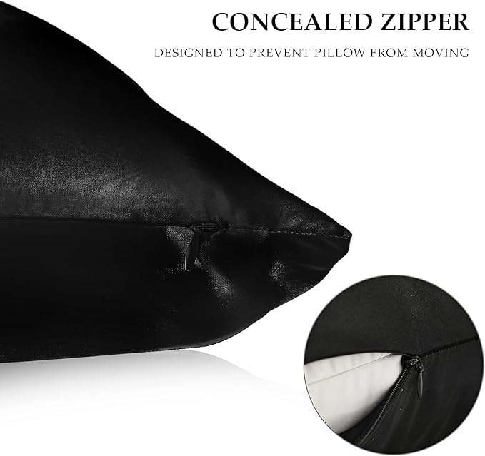 2 Pack Satin Pillowcase with Latent Zipper, Adjustable Satin Eye Mask for Sleeping and Satin Volume Scrunchie for Hair and Skin, Standard Size (Classic Style, Black)