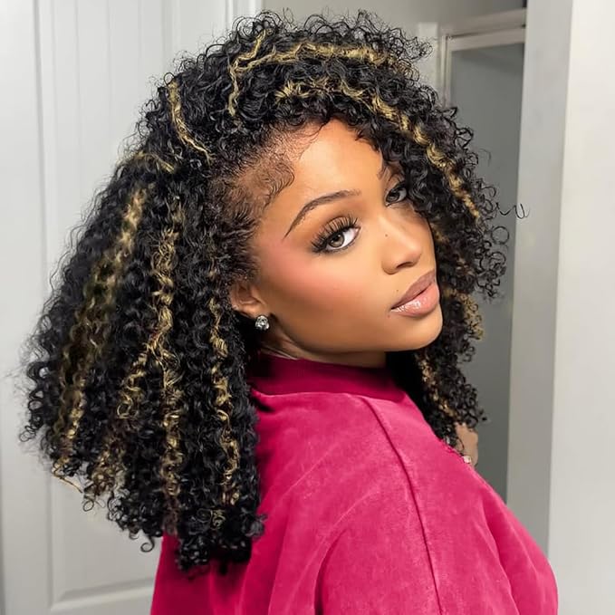 Half Wig Human Hair 3 In 1 Kinky Curly Wig Glueless Balayage Highlight Ombre Brown 250% Density Wear Go Half Wig for Women Drawstring Seamless Flip Headband Wig Beginner Friendly 16 Inch