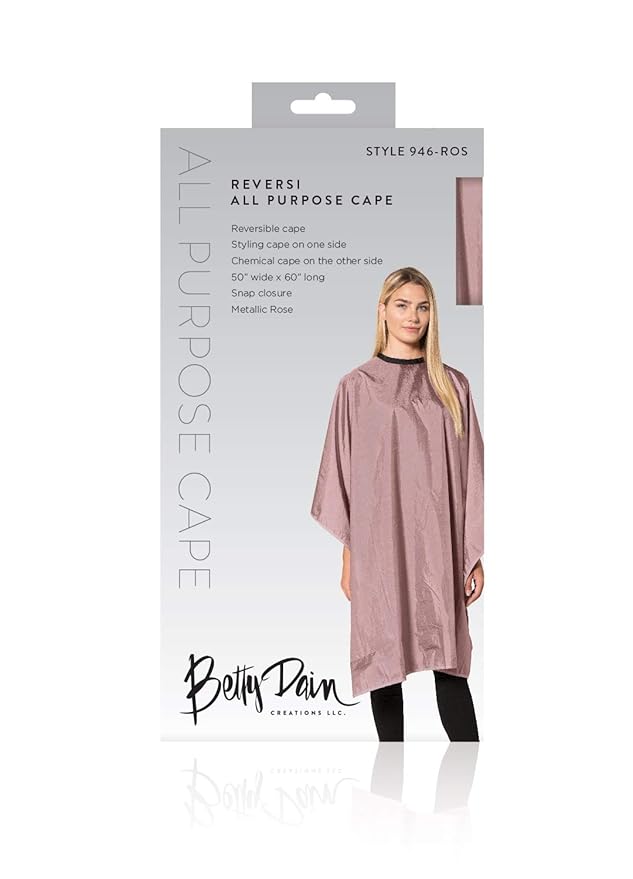 Betty Dain Reversi Reversible Coloring/Styling Cape, Two-Sided Cape, Black Side Has Chemical Proof Finish for Processing, Snap Closure at Neck, 50 x 60 Inches, Rose