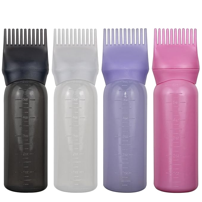 4 Pack Root Comb Applicator Bottle, Hair Oil Applicator, Oil Comb Applicator Bottle for Hair Dye Shampoos Hair Salons (Black+White+Purple+Pink)
