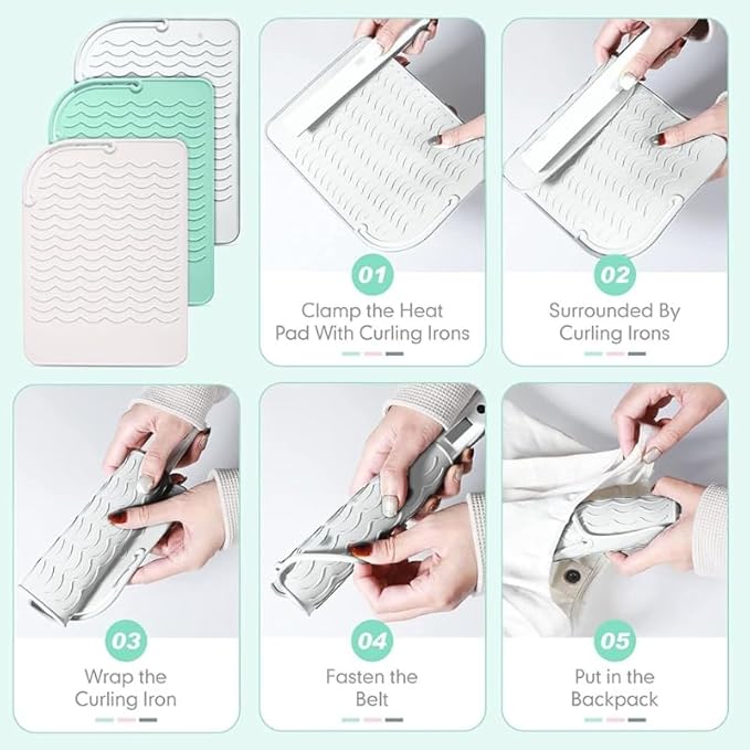 Silicone Hot Tool Mat – 2-Pack Heat-Resistant Pads for Flat Irons, Curling Wands & Hair Dryers, 8.6″ × 6.3″ Anti-Slip, Up to 480 °F Protection – White & Mint Green