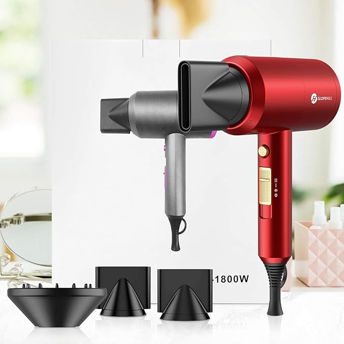 Slopehill Professional Ionic Hair Dryer, Powerful 1800W Fast Drying Low Noise Blow Dryer with 2 Concentrator Nozzle 1 Diffuser Attachments for Home Salon Travel (Agate Red)