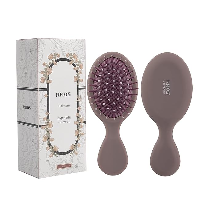 RHOS Mini Hair Brush for Women,Men and Kids-Travel Size Hair Brush for Purse,Pocket,backpack-Small Cushion Paddle Brush with Soft Bristles-Mini Detangler Brush for All Hair Types(1 Pack-Purple)