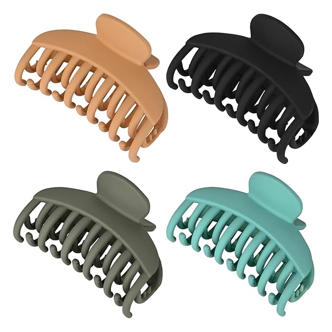 DEEKA 4 PCS Double Row Teeth Hair Claw Clips 2.5" Medium Hair Clips for Thin Hair Small Matte Clips Short Fine Hair Accessories for Women and Girls -Green Yellow