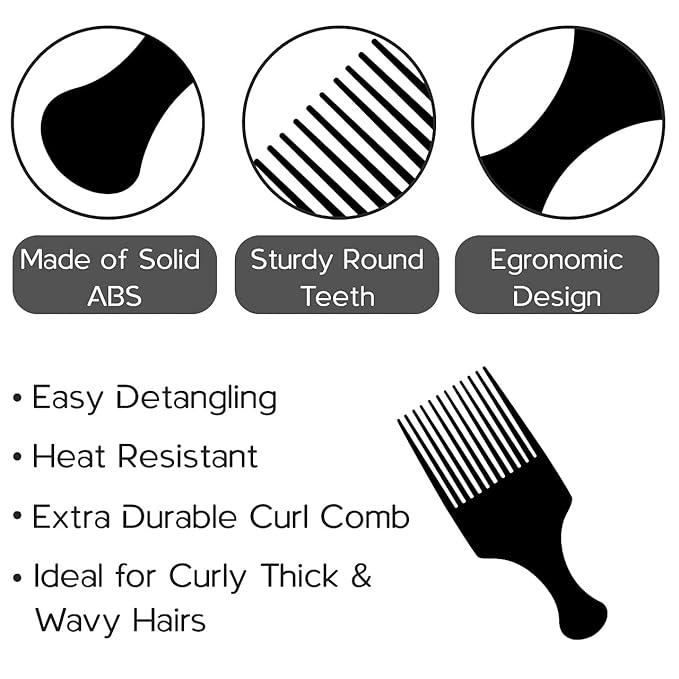 Afro Hair Pick Comb for Women & Men, 7.5 In Smooth Sturdy Wide Tooth for Detangling & Styling - Pack of 2