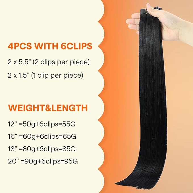 Full Shine Seamless Clip in Hair Extensions, 18Inch Thinning Hair Extensions Fill Ins, Black Clip in Hair Extensions Remy Human Hair for Women, Add Thickness Color1 4PCS 85g