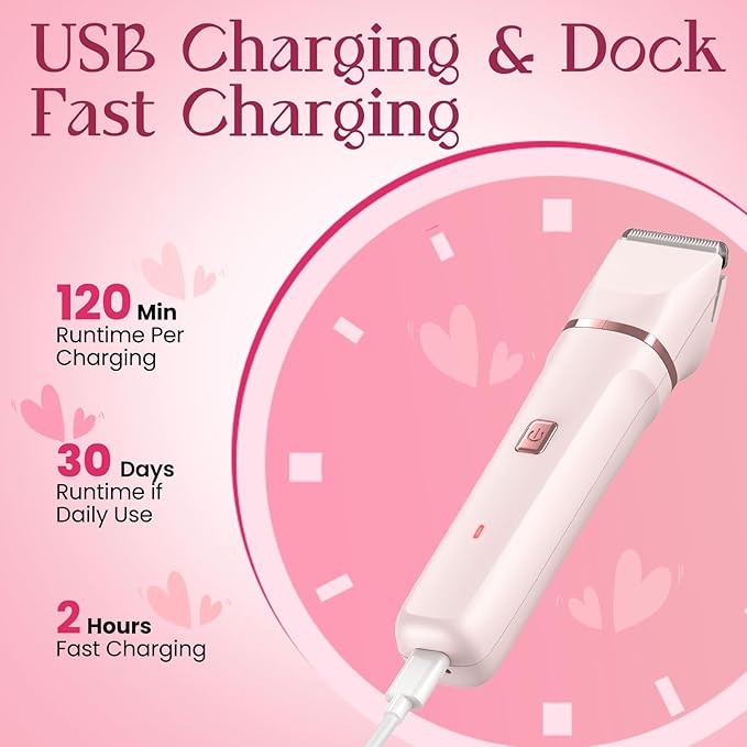 Bikini Trimmer for Women - Painless Electric Razors for Silk Skin,Cordless Body Shaver for Trip,Replaceable Lady Facial Razor, IPX7 Waterproof&Easy Cleaning, Ceramic Blade, USB Charge Dock Pink