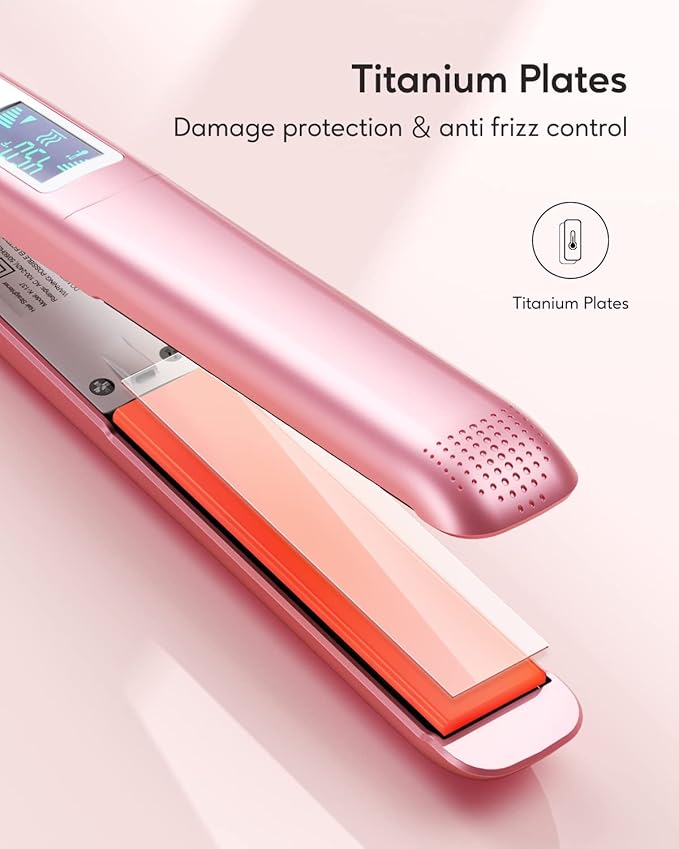 Wavytalk Salon Flat Iron Hair Straightener, Negative Ion Function with Titanium Plates Get Shinier & Smoother Hair, 15 Adjustable Temp, Dual Voltage & 60 Mins Auto Shut Off (Rose Gold)