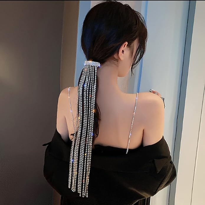 Wekicici Rhinestones Long Chain Tassel Hairwear Bling Bling Crystal Hair Shiny Hairpin Ponytail Hair Accessories for Women